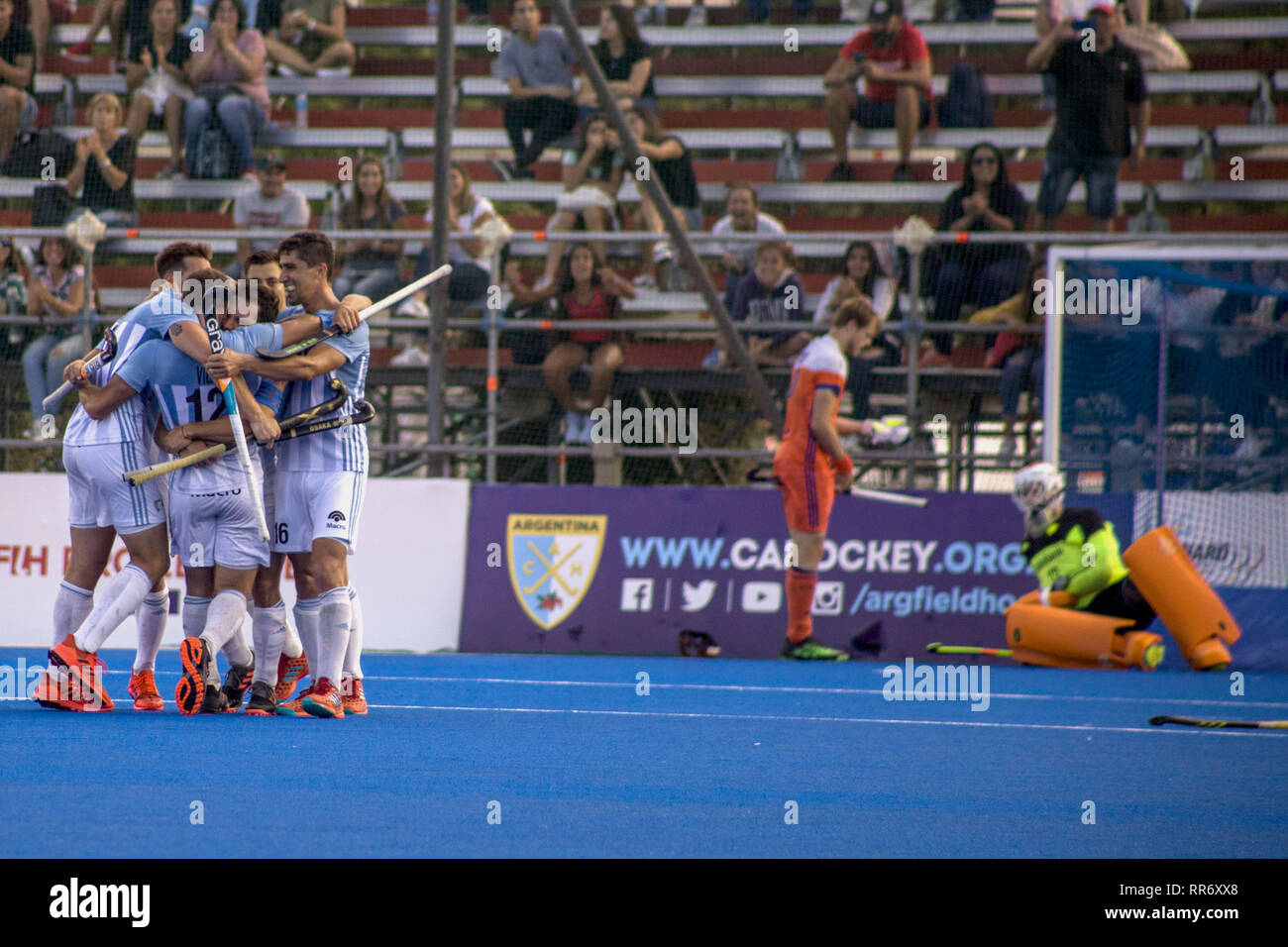 Buenos Aires, Federal Capital, Argentina. 24th Feb, 2019. The Argentine men's hockey team, also known as Los Leones, defeated the Dutch national team, current world runner-up, on Sunday 24 February, with a score of 4 goals to 3. The Olympic champions won their first victory in the new competition . promoted by the International Hockey Federation after its defeat against the national team of Belgium, current world champion and number one in the ranking, and after it was suspended, last Saturday, the match against the team of Germany product of a strong storm. (Credit Image: © Roberto Alme Stock Photo