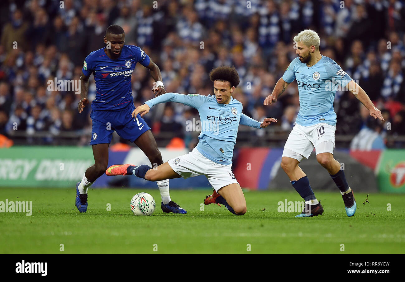 LEROY SANE OF MANCHESTER CITY IS CHALLENGED BY ANTONIO RUDIGER OF CHELSEA, CHELSEA V MANCHESTER CITY, CHELSEA V MANCHESTER CITY, CARABAO CUP FINAL Stock Photo 