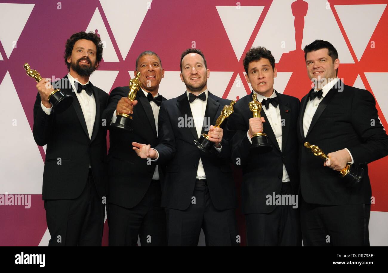 Los Angeles, CA, USA. 24th Feb, 2019. Bob Persichetti, Peter Ramsey, Rodney Rothman, Phil Lord, Christopher Miller in the press room for The 91st Academy Awards - Press Room, The Dolby Theatre at Hollywood and Highland Center, Los Angeles, CA February 24, 2019. Credit: Elizabeth Goodenough/Everett Collection/Alamy Live News Stock Photo