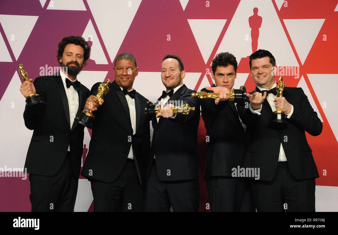 Los Angeles, CA, USA. 24th Feb, 2019. Bob Persichetti, Peter Ramsey, Rodney Rothman, Phil Lord, Christopher Miller in the press room for The 91st Academy Awards - Press Room, The Dolby Theatre at Hollywood and Highland Center, Los Angeles, CA February 24, 2019. Credit: Elizabeth Goodenough/Everett Collection/Alamy Live News Stock Photo