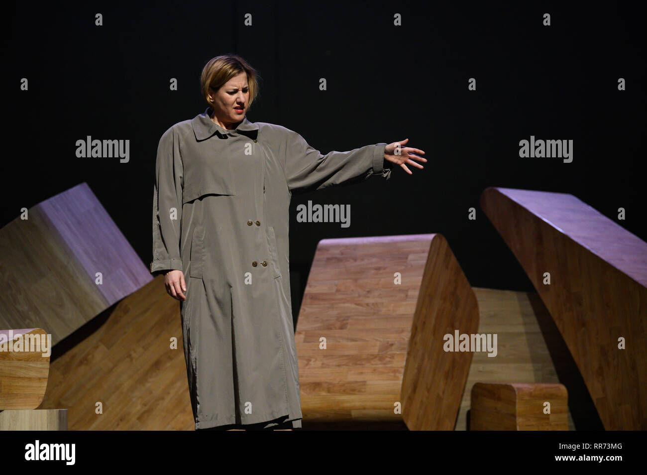 Bremen, Germany. 19th Feb, 2019. Silke Buchholz in the role of Angela Merkel in the time after her chancellorship appears during the rehearsal at the Shakespear Company in Bremen. The premiere of the play 'Angela I.' will take place on 28.02.2019. (to dpa 'play 'Angela I.' catapults post-Merkel era into now') Credit: Mohssen Assanimoghaddam/dpa/Alamy Live News Stock Photo