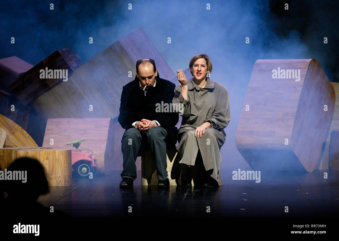 Bremen, Germany. 19th Feb, 2019. Silke Buchholz in the role of Angela Merkel in the time after her chancellorship and Markus Seuß in the role of her former driver appear during the rehearsal at the Shakespear Company in Bremen. The premiere of the play 'Angela I.' will take place on 28.02.2019. (to dpa 'play 'Angela I.' catapults post-Merkel era into now') Credit: Mohssen Assanimoghaddam/dpa/Alamy Live News Stock Photo