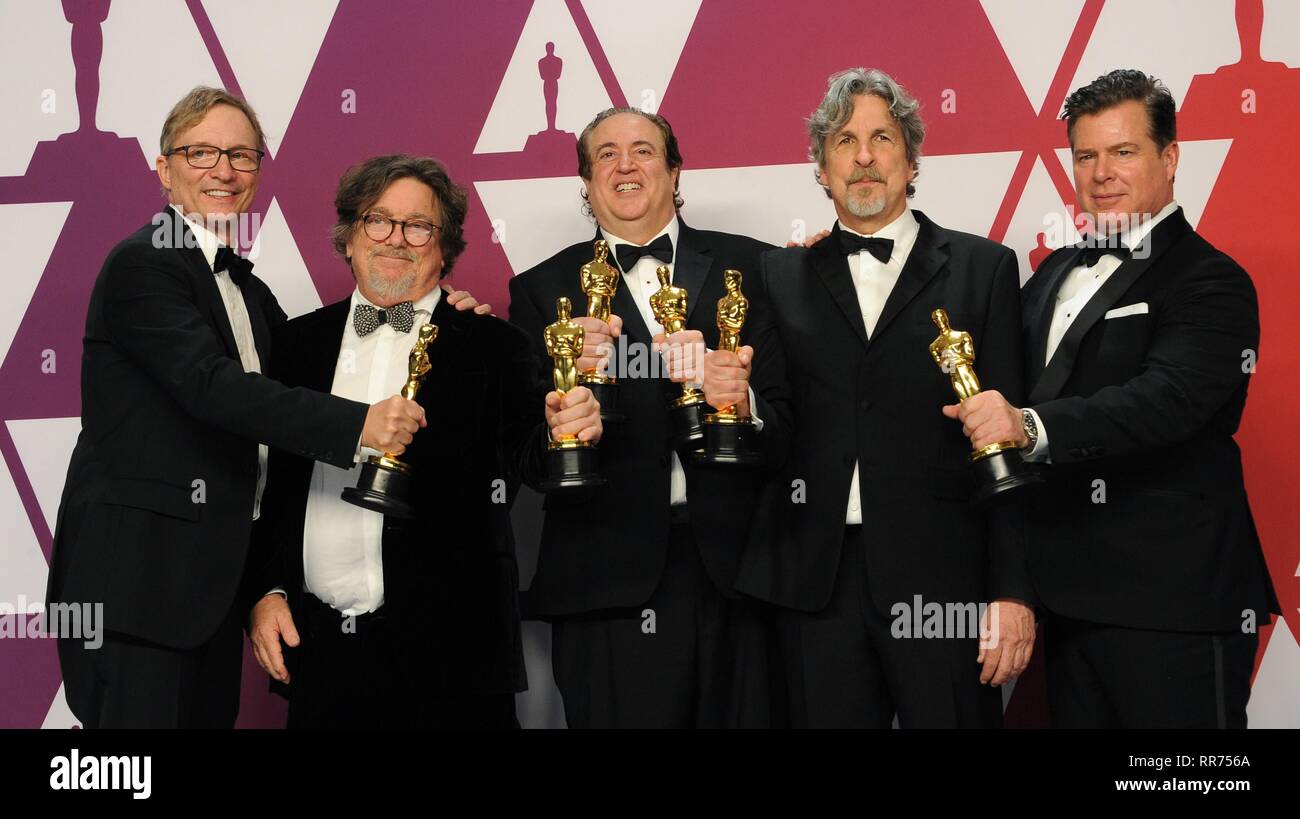 Los Angeles, CA, USA. 24th Feb, 2019. im Burke, Charles B. Wessler, Nick Vallelonga, Peter Farrelly, Brian Currie in the press room for The 91st Academy Awards - Press Room, The Dolby Theatre at Hollywood and Highland Center, Los Angeles, CA February 24, 2019. Credit: Elizabeth Goodenough/Everett Collection/Alamy Live News Stock Photo