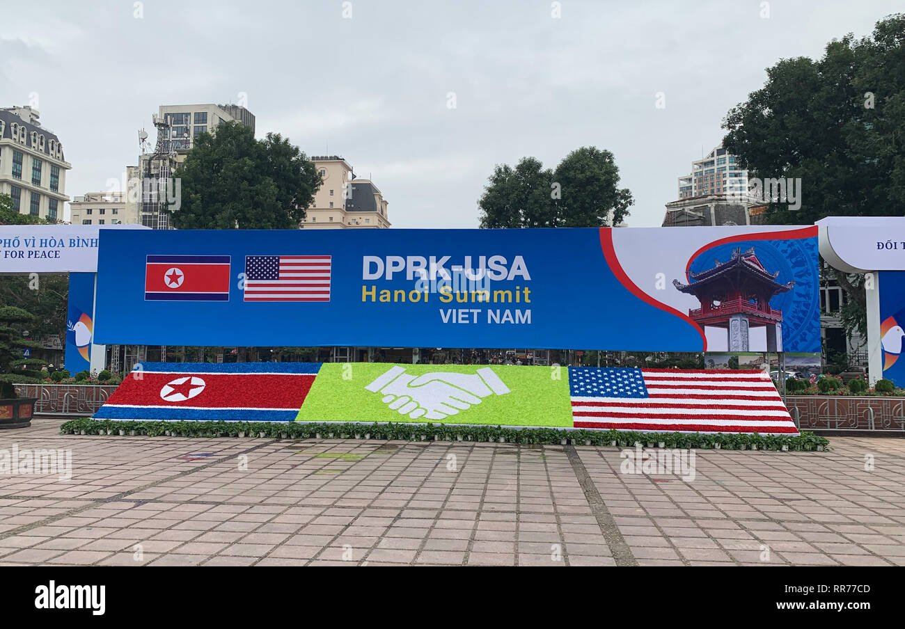 Hanoi, Vietnam. 25th Feb, 2019. A poster announces the summit of US President Trump and the North Korean ruler Kim. The second meeting between US President Trump and North Korean ruler Kim is scheduled for 27-28 February in Hanoi. Credit: Can Merey/dpa/Alamy Live News Stock Photo