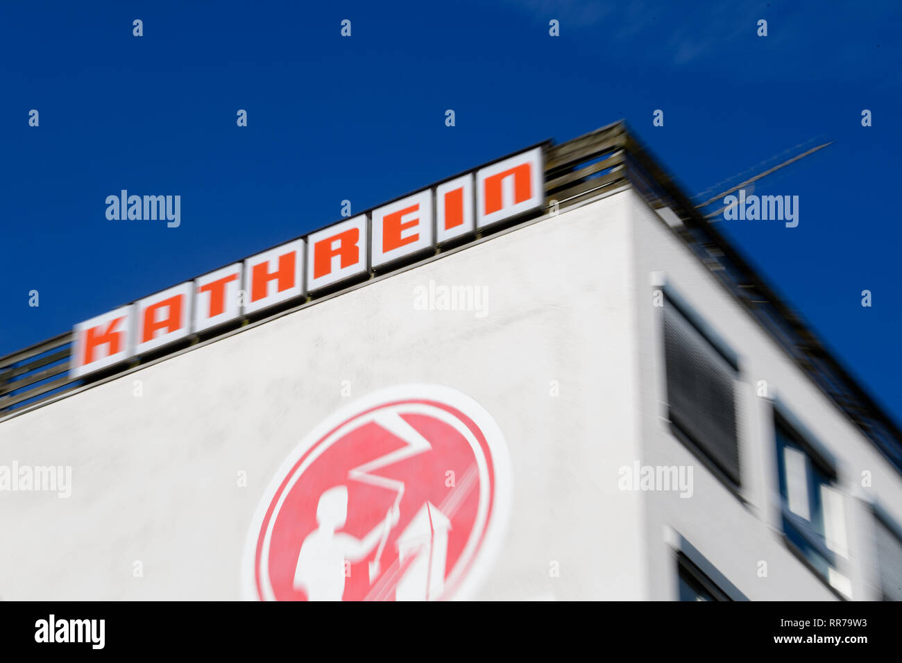 Rosenheim, Germany. 25th Feb, 2019. The logo of the antenna and satellite  technology manufacturer Kathrein can be seen on a building from the  company's headquarters. The company announced that it will sell