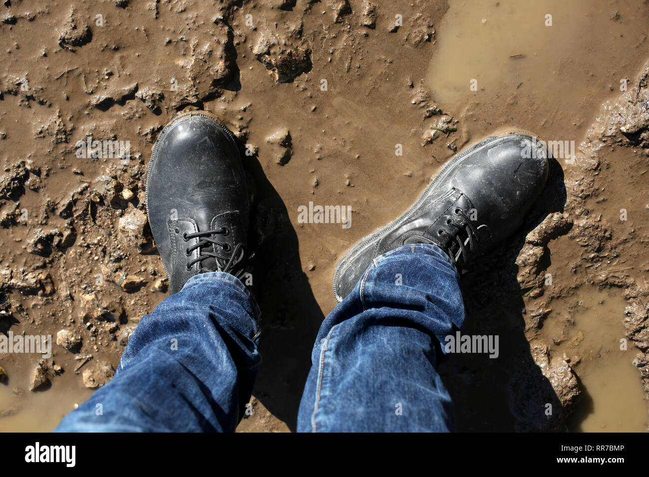 General views of walking in the mud on the Slindon Estate, West Sussex, UK. Stock Photo