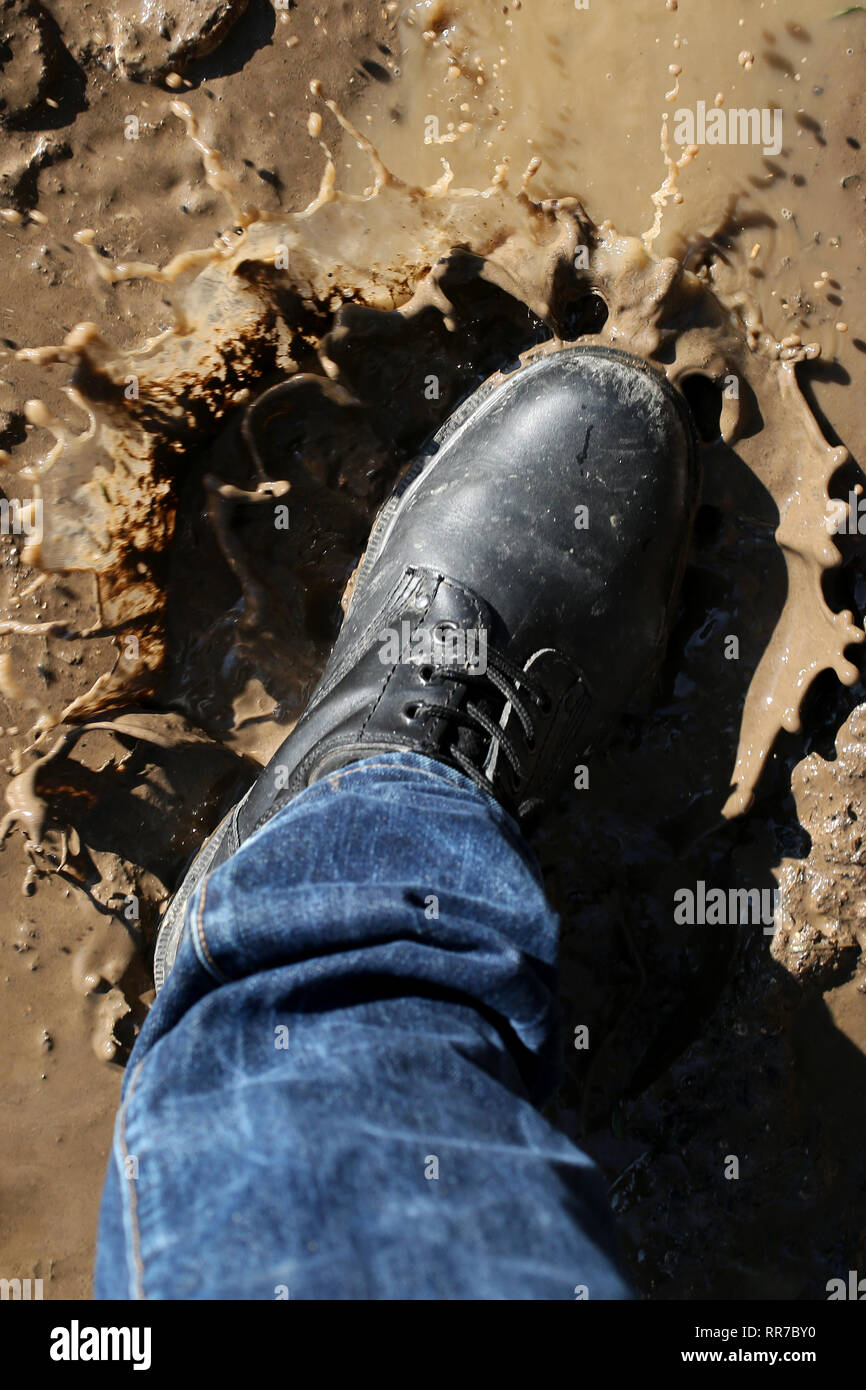 General views of walking in the mud on the Slindon Estate, West Sussex, UK. Stock Photo