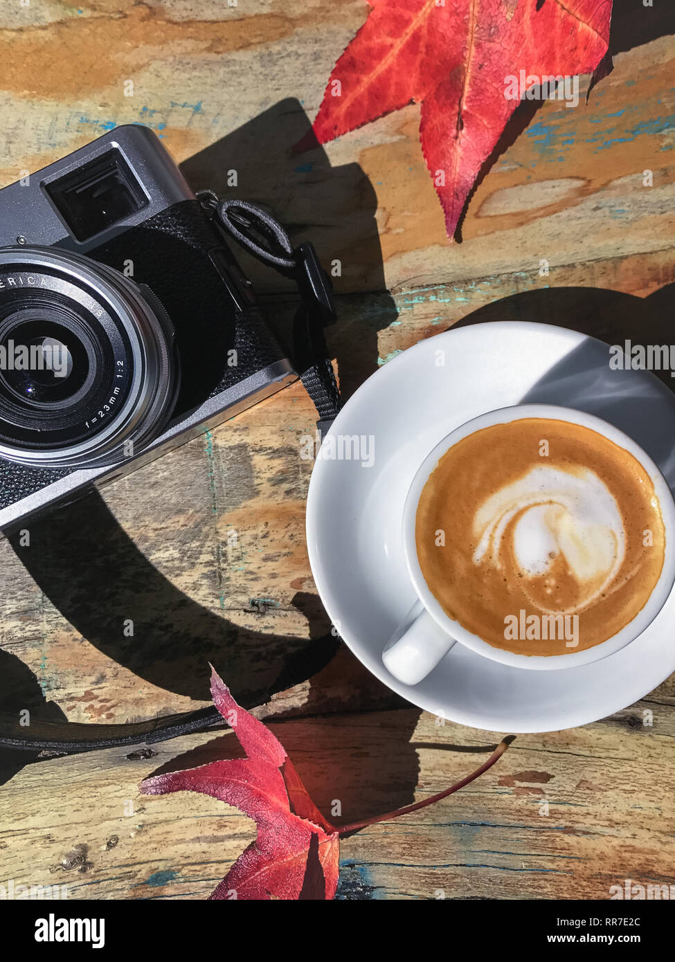 retro camera on tabletop with autumn leaves Stock Photo