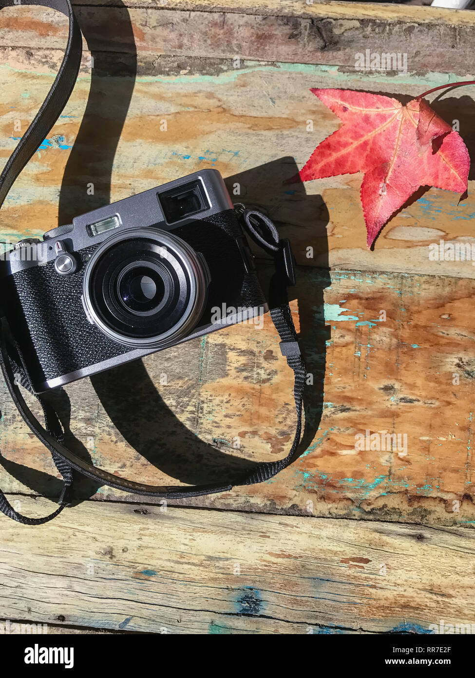 retro camera on tabletop with autumn leaves Stock Photo