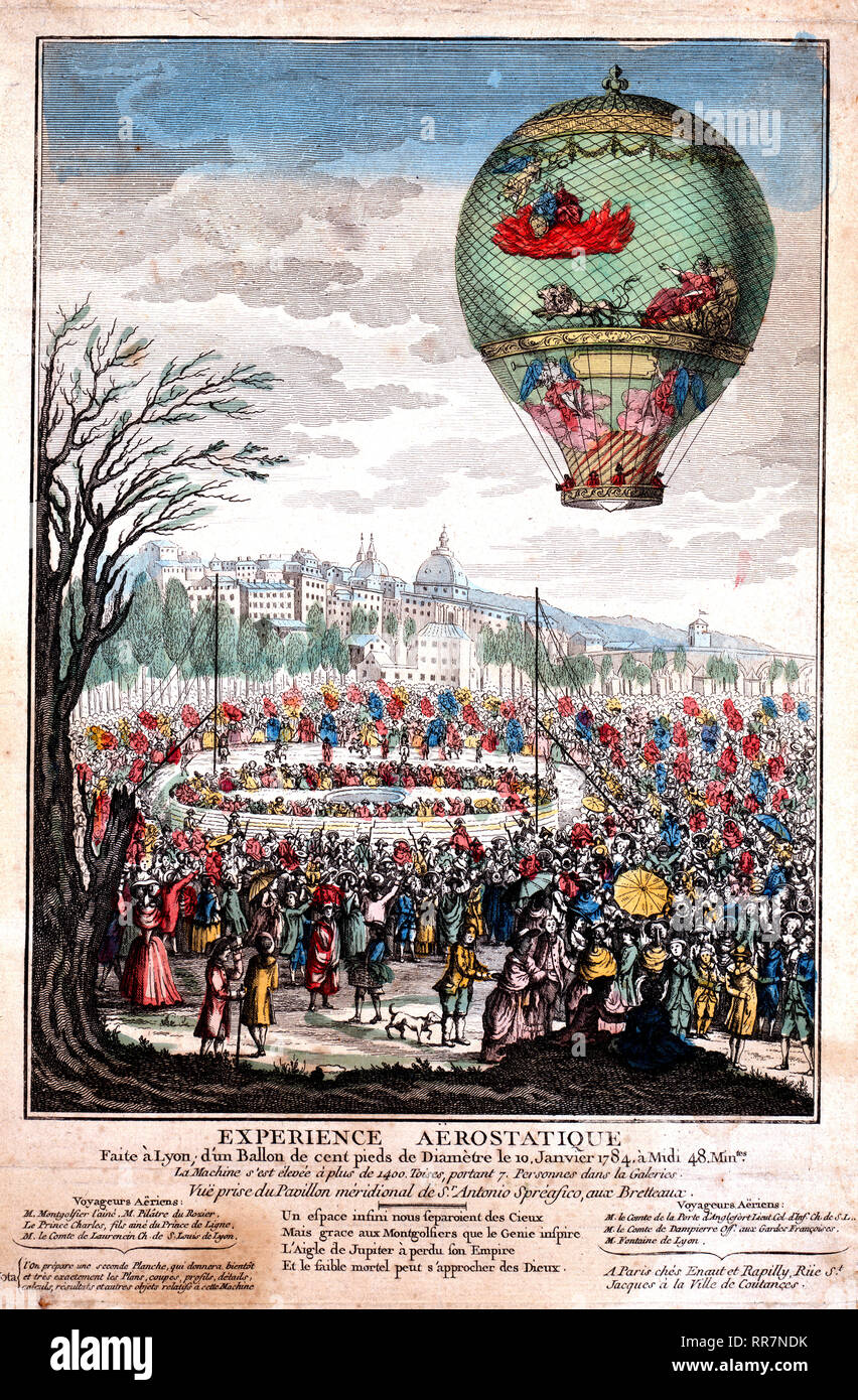 balloon, Le Flesselles ascending over Lyon, France, on January 19, 1784, carrying seven passengers including Joseph Montgolfier and Jean François Pilâtre de Rozier Stock Photo