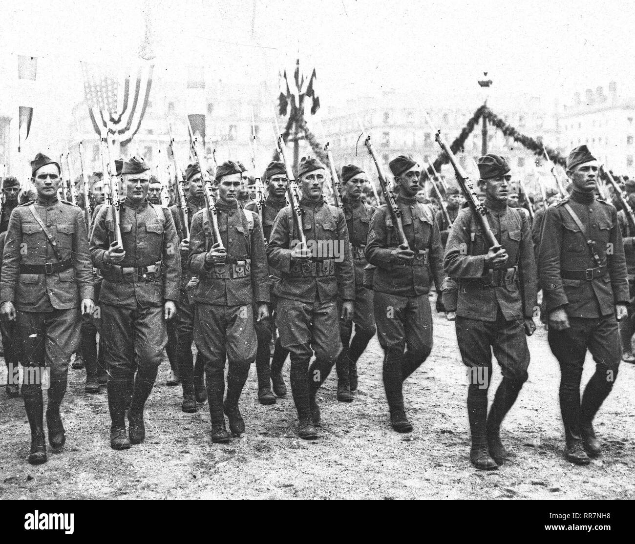 7/14/1918 - Ceremonies - Bastille Day, 1918 - Photo shows the inauguration of the Wilson Bridge and the American troops passing in parade over the bridge. Lyon, France Stock Photo