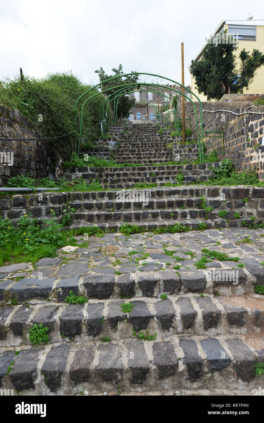 The ancient stairway connecting the Dona Gratsya street and Gdud Barak street in Tiberias. Stock Photo