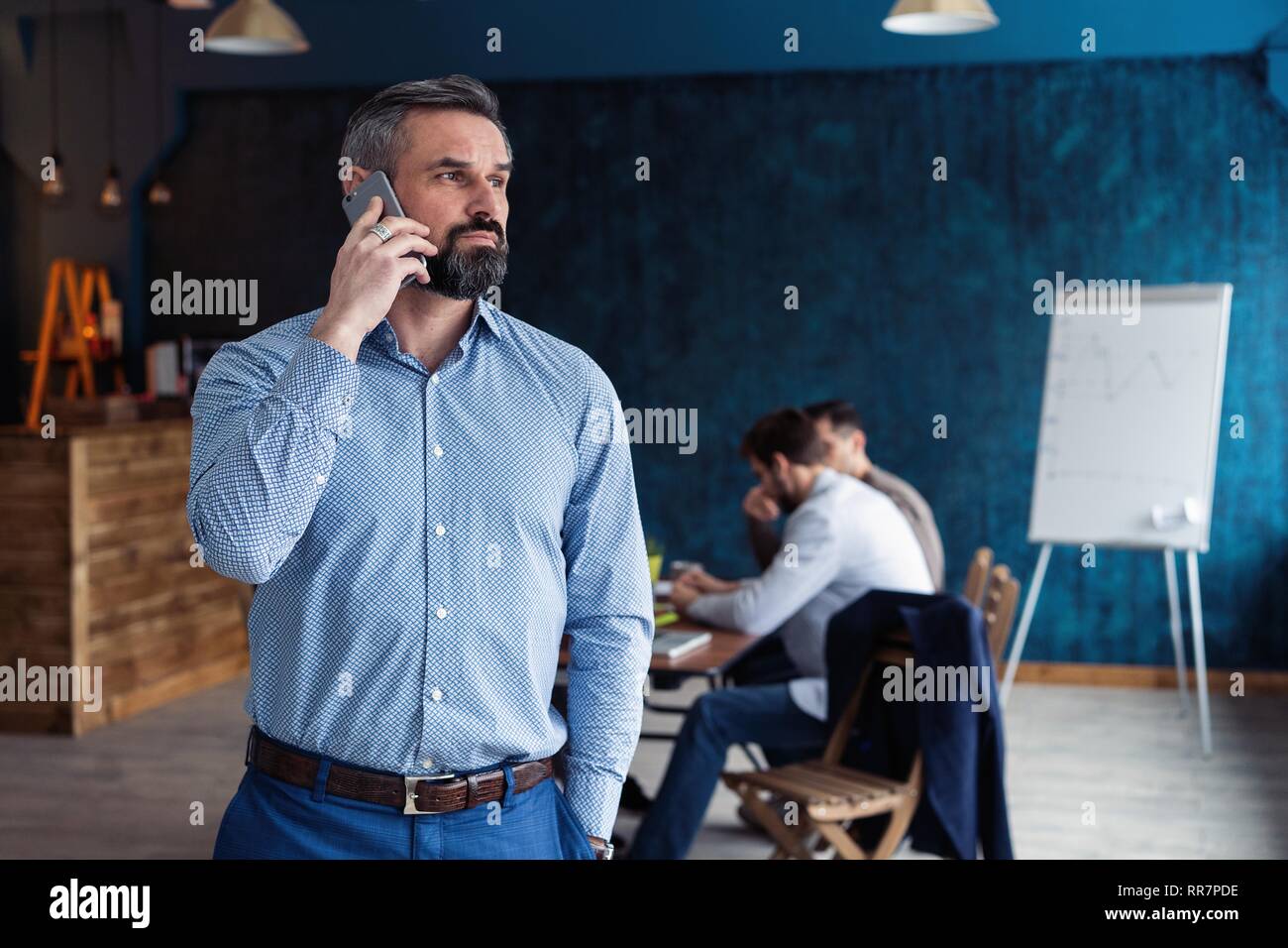 Handsome mature businessman is talking on the mobile phone while working in office. Stock Photo