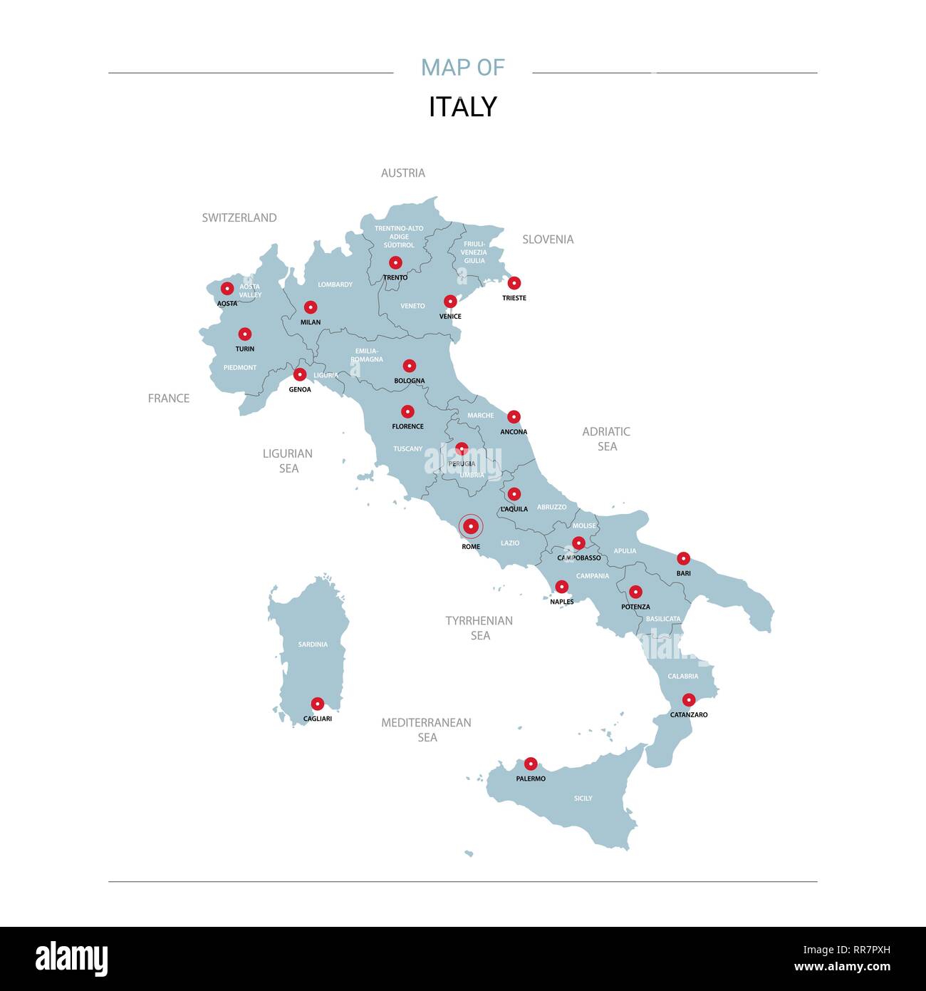 Italy Map Outline With Cities Italy Vector Map. Editable Template With Regions, Cities, Red Pins And Blue  Surface On White Background Stock Vector Image & Art - Alamy