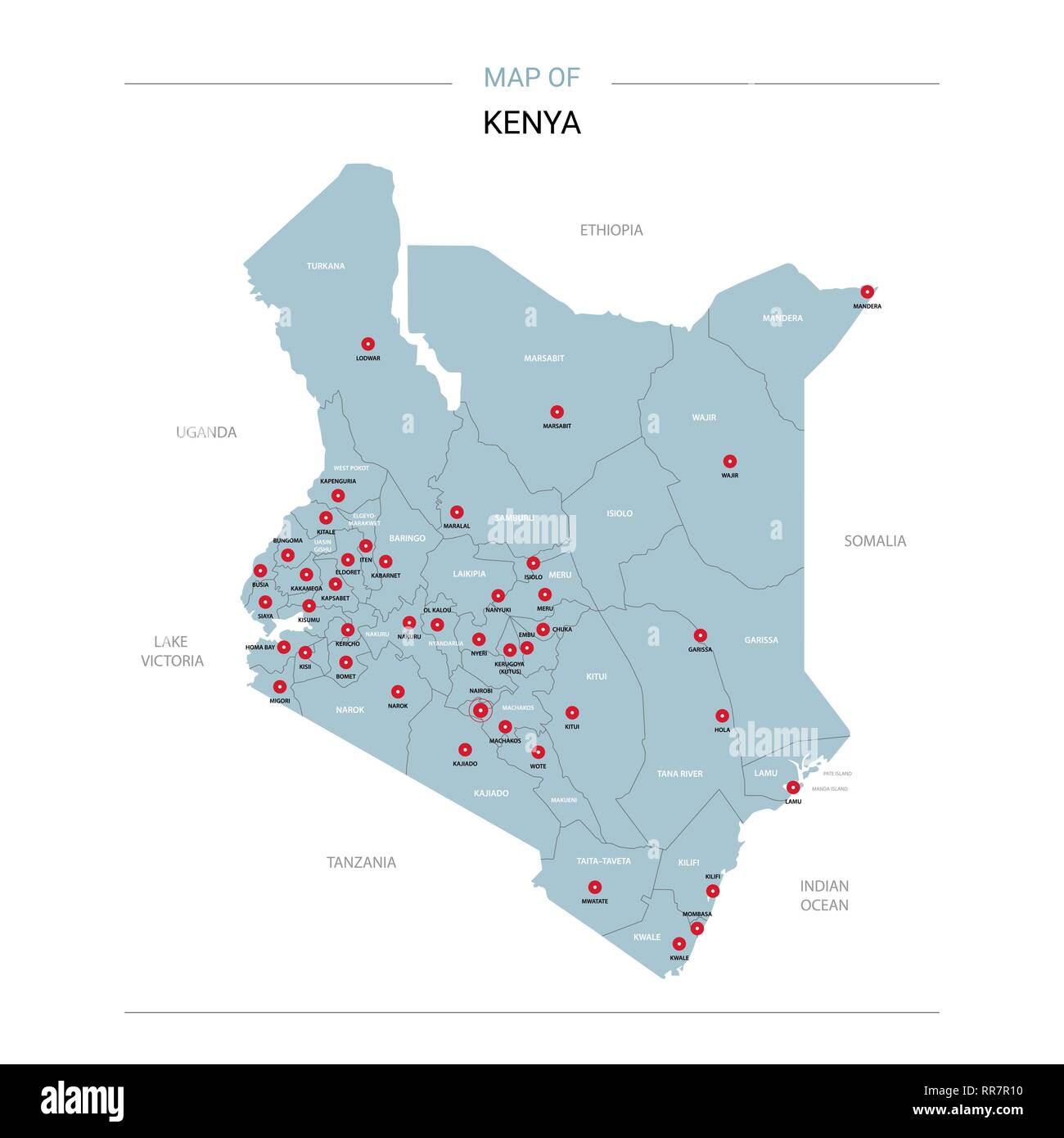 Editable Map Of Kenya Counties Kenya Vector Map. Editable Template With Regions, Cities, Red Pins And Blue  Surface On White Background Stock Vector Image & Art - Alamy