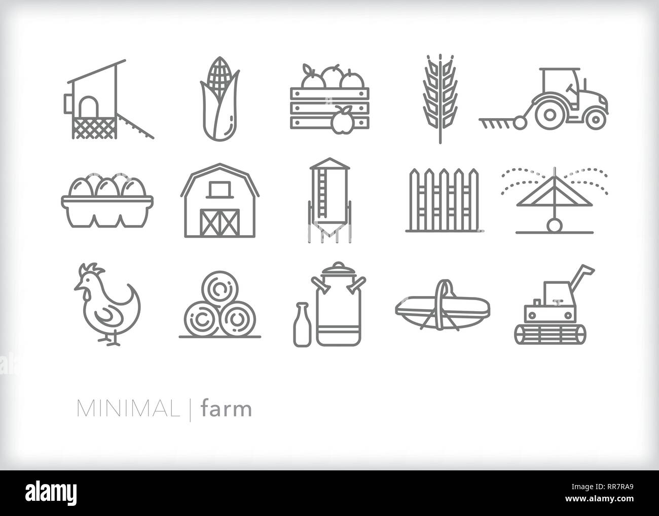 Set of 15 farm line icons for a family farm in a rural area including produce, barn and farm equipment Stock Vector