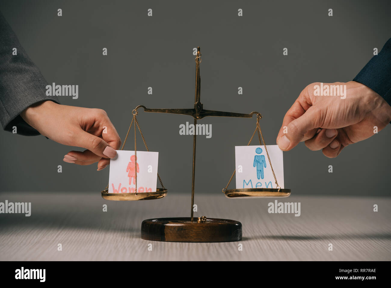 cropped view of businesspeople with male and female signs on scales of