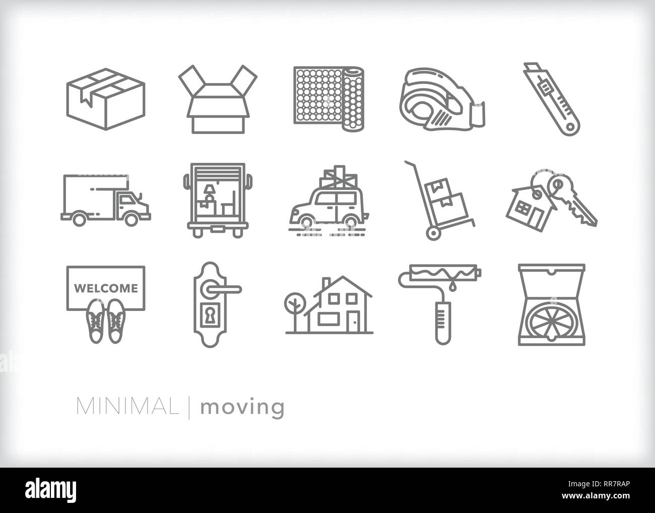 Set of 15 house moving line icons of objects for use when a family or person moves furniture and belongings to a new home Stock Vector