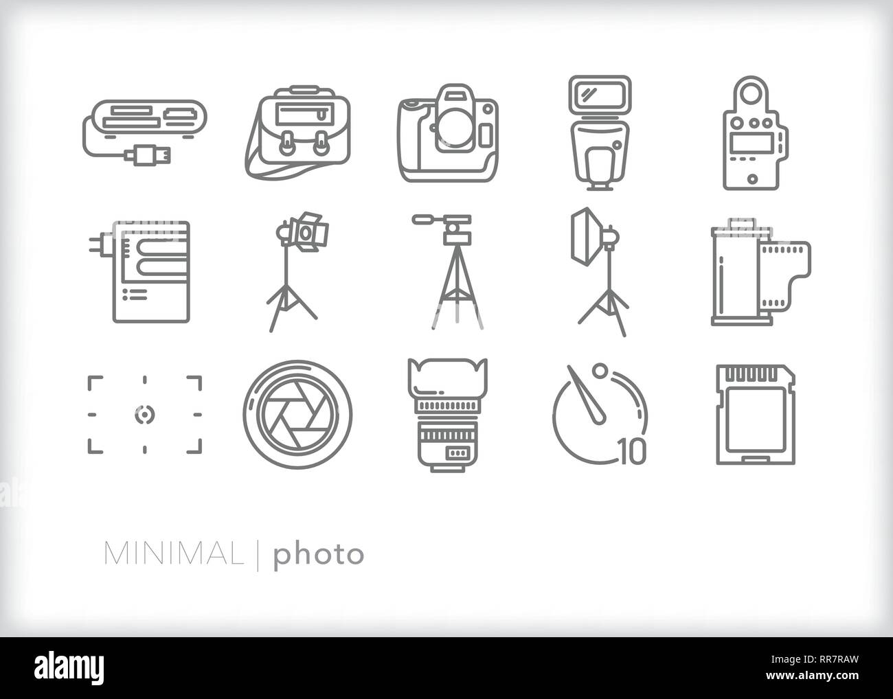 Set of 15 photo equipment and camera equipment line icons of tools a photographer uses in the studio or on assignment Stock Vector