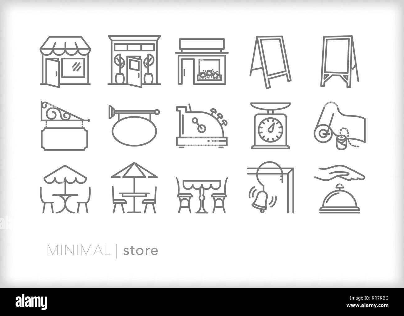 Set of 15 shop line icons for small business shops and cafes Stock Vector