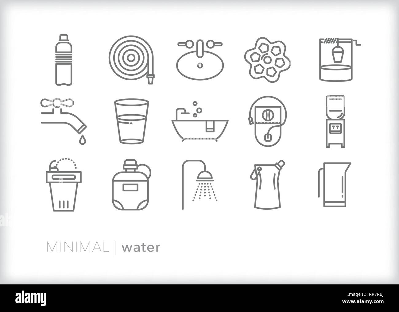 Set of 15 water line icons including ways to access, clean, store and retrieve water Stock Vector