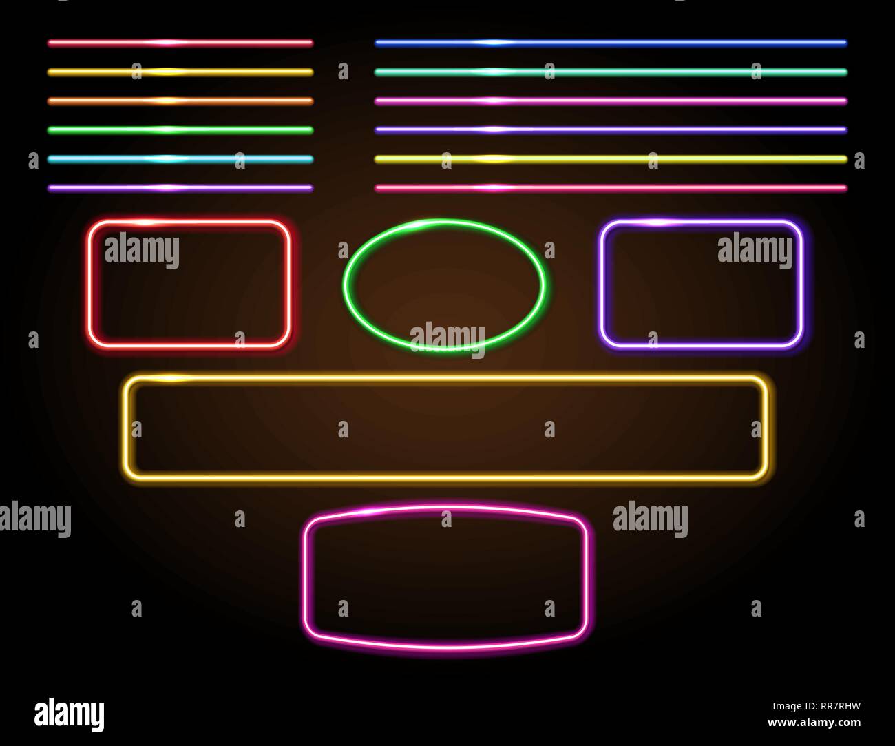 Set neon frames and luminous lines for decoration signboard of a casino, shop, club or bar Stock Vector