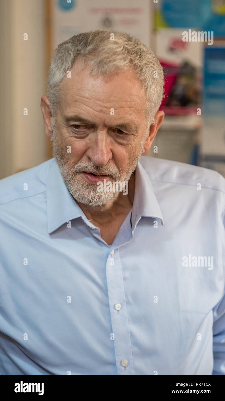 Jeremy Corbyn M.P. leader of the Labour Party speaking on labour's plan for a fairer Britain at a rally in Beeston, Nottingham Stock Photo