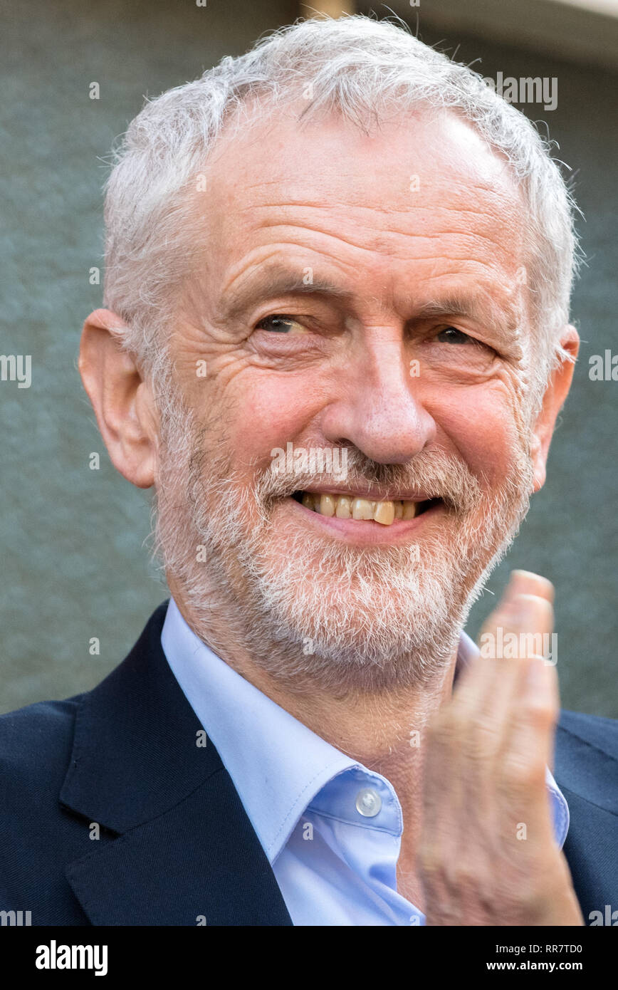 Jeremy Corbyn M.P. leader of the Labour Party speaking on labour's plan for a fairer Britain at a rally in Beeston, Nottingham Stock Photo