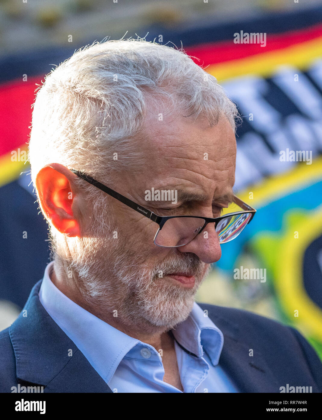 Jeremy Corbyn M.P. leader of the Labour Party speaking on labour's plan for a fairer Britain at a rally in Beeston, Nottingham Stock Photo