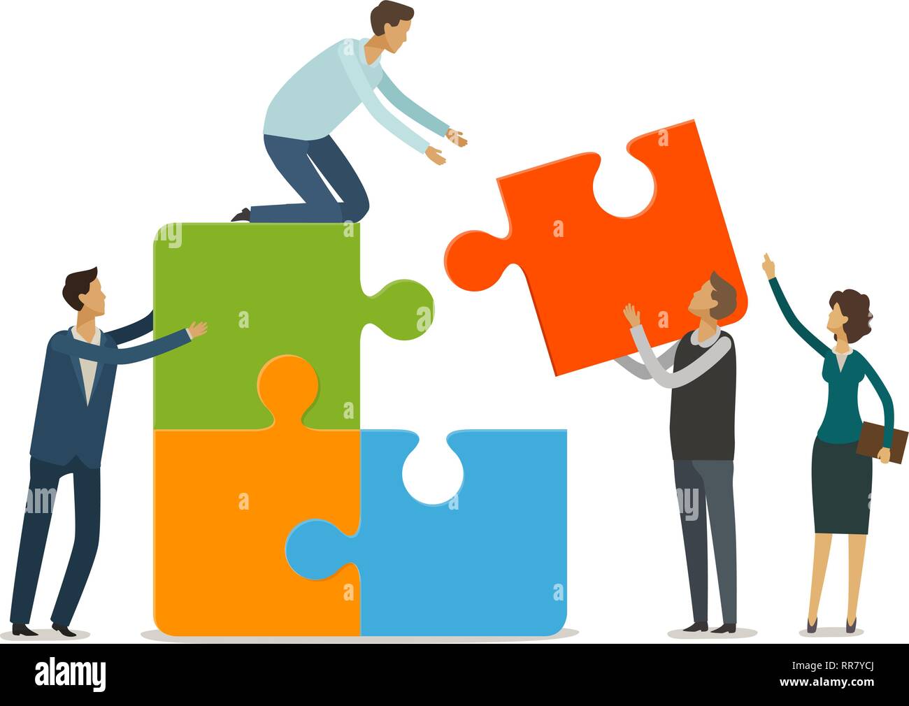 Teamwork concept. Business people with puzzle pieces working together. Infographics vector illustration Stock Vector
