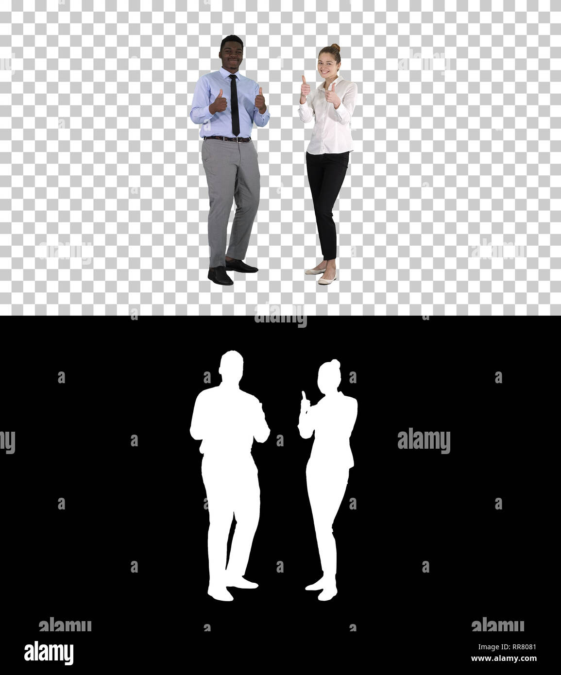 On Alpha Matte. Full length. International happy smiling man and woman  showing thumbs up, Alpha Channel Professional shot in 4K resolution. 012.  You c Stock Photo - Alamy