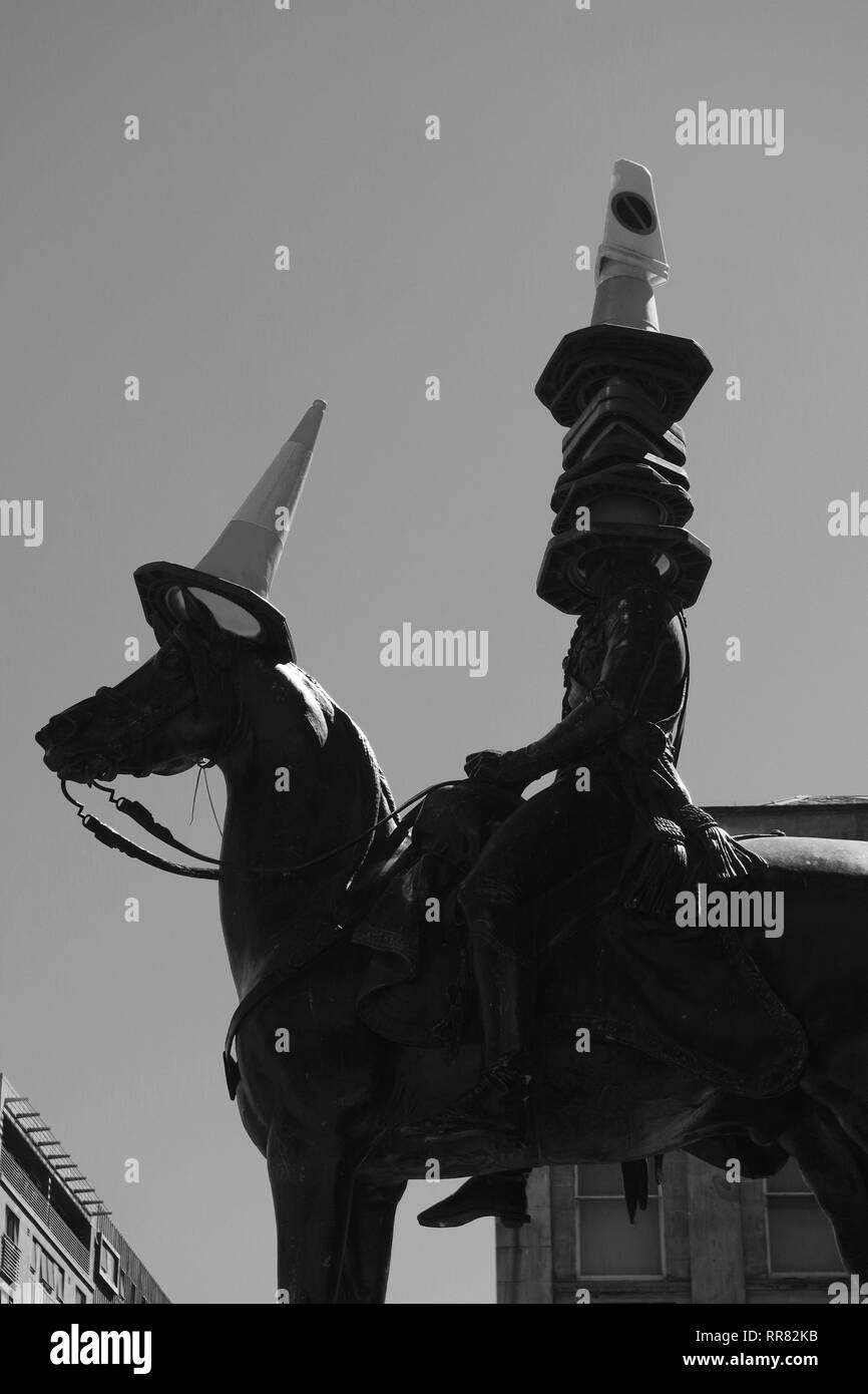 Equestrian statue of the Duke of Wellington, with Traffic Cones on Head