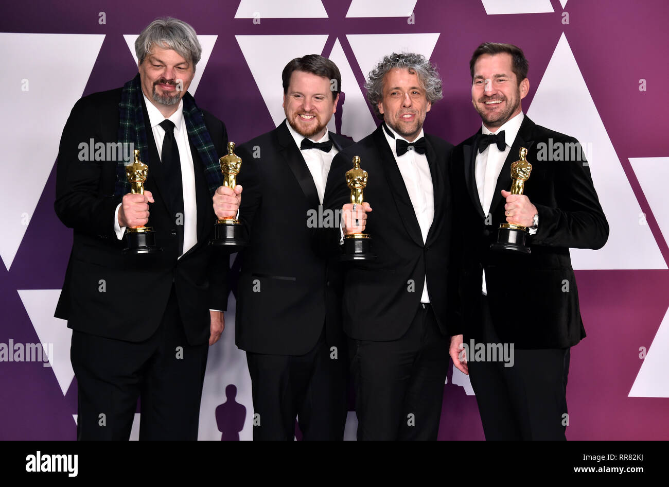 Paul Lambert Ian Hunter Tristan Myles And J D Schwalm With Their Best Visual Effects Oscar For First Man In The Press Room At The 91st Academy Awards Held At The Dolby Theatre