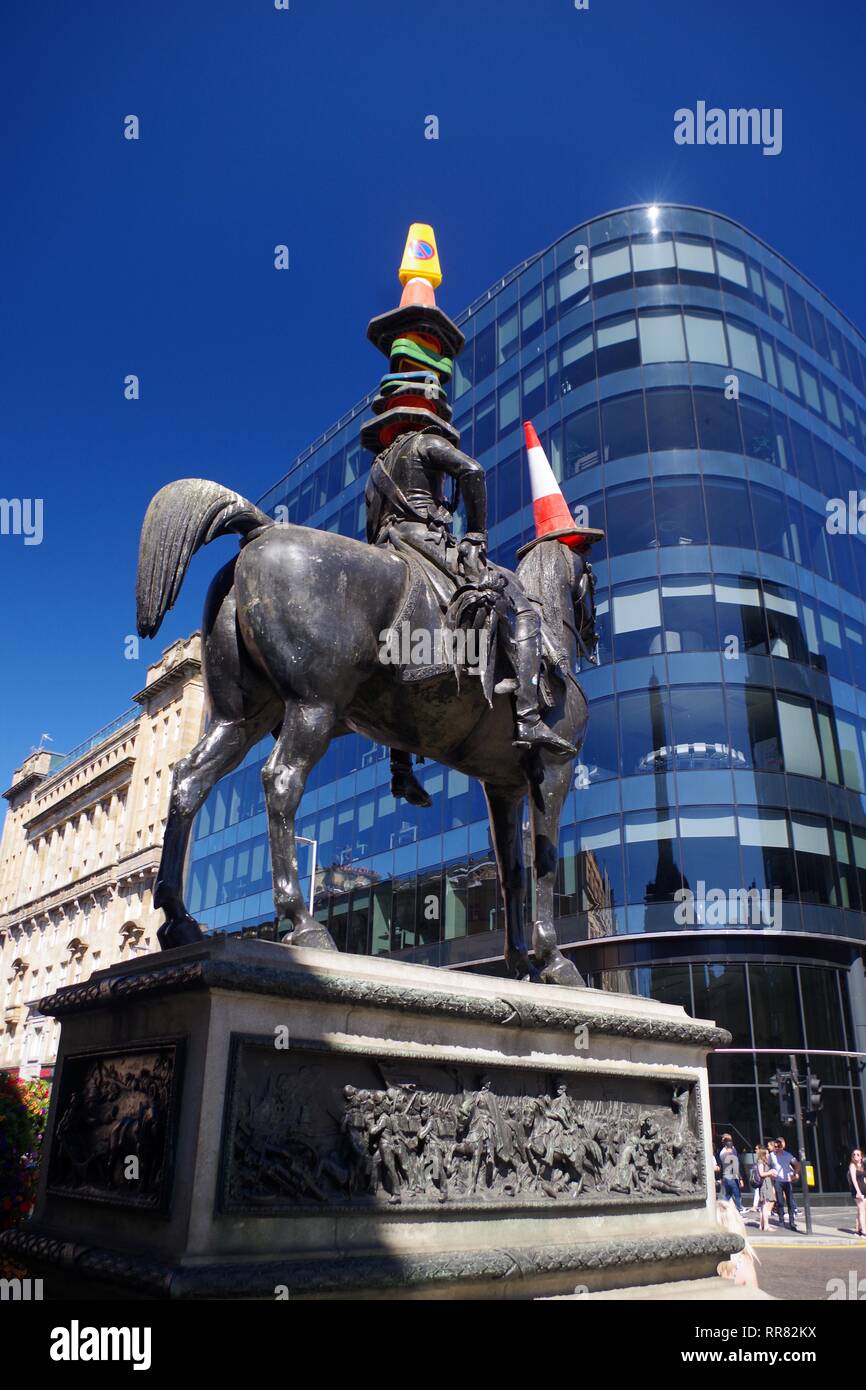 Equestrian statue of the Duke of Wellington, with Traffic Cones on Head