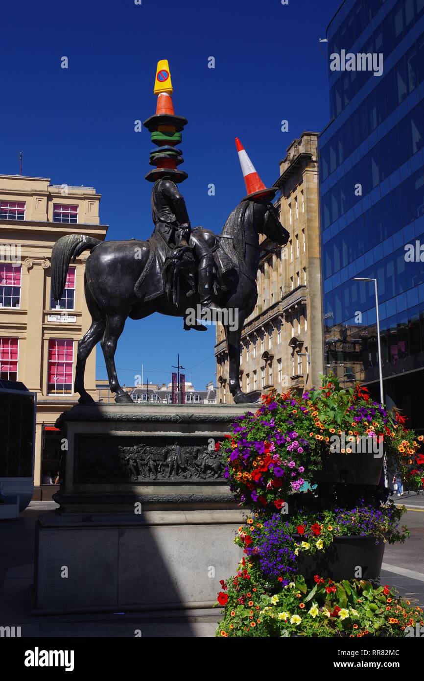 Equestrian statue of the Duke of Wellington, with Traffic Cones on Head