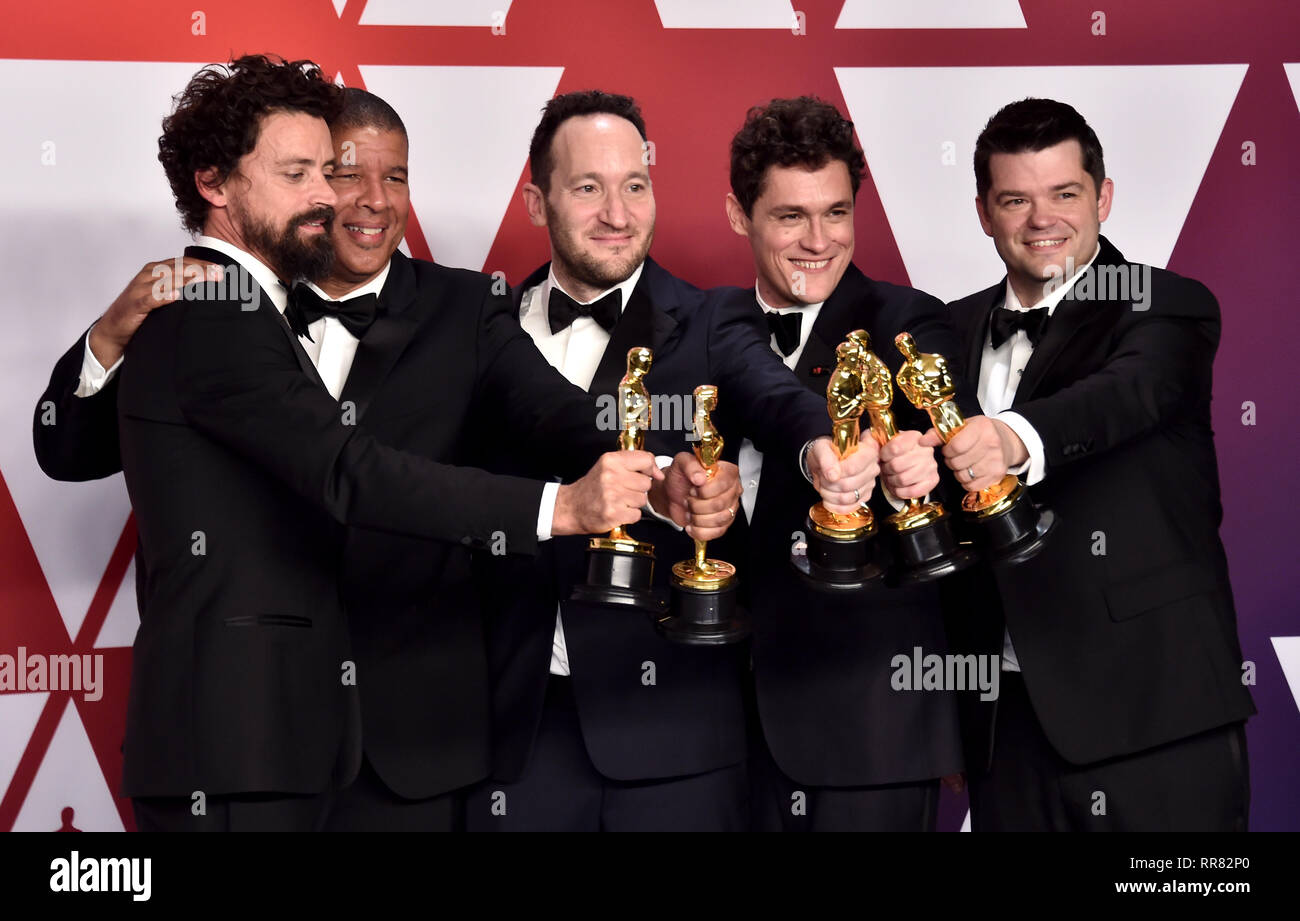 Bob Persichetti, Peter Ramsey, Rodney Rothman, Phil Lord, and Christopher Miller with their Oscars for best animated feature film for Spider-Man: Into The Spider-Verse in the press room at the 91st Academy Awards held at the Dolby Theatre in Hollywood, Los Angeles, USA. Stock Photo
