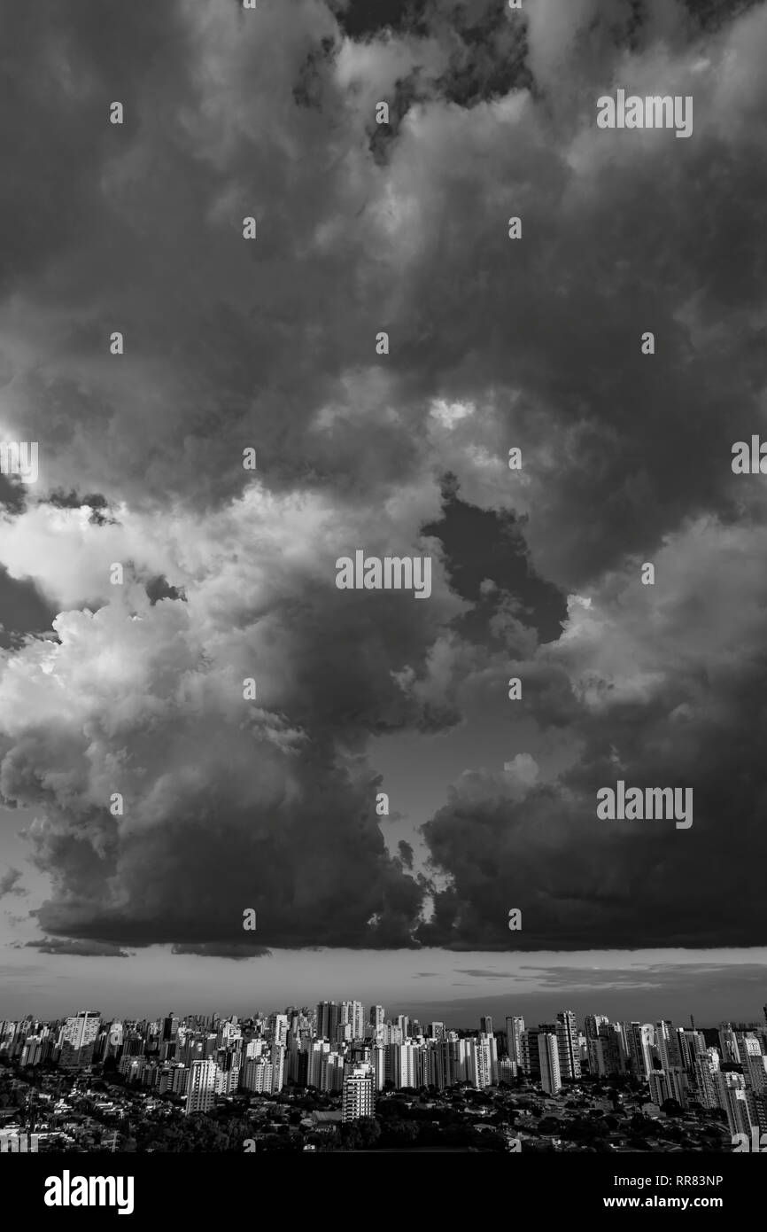 Beautiful view of the dramatic dark stormy sky in black and white. The ...