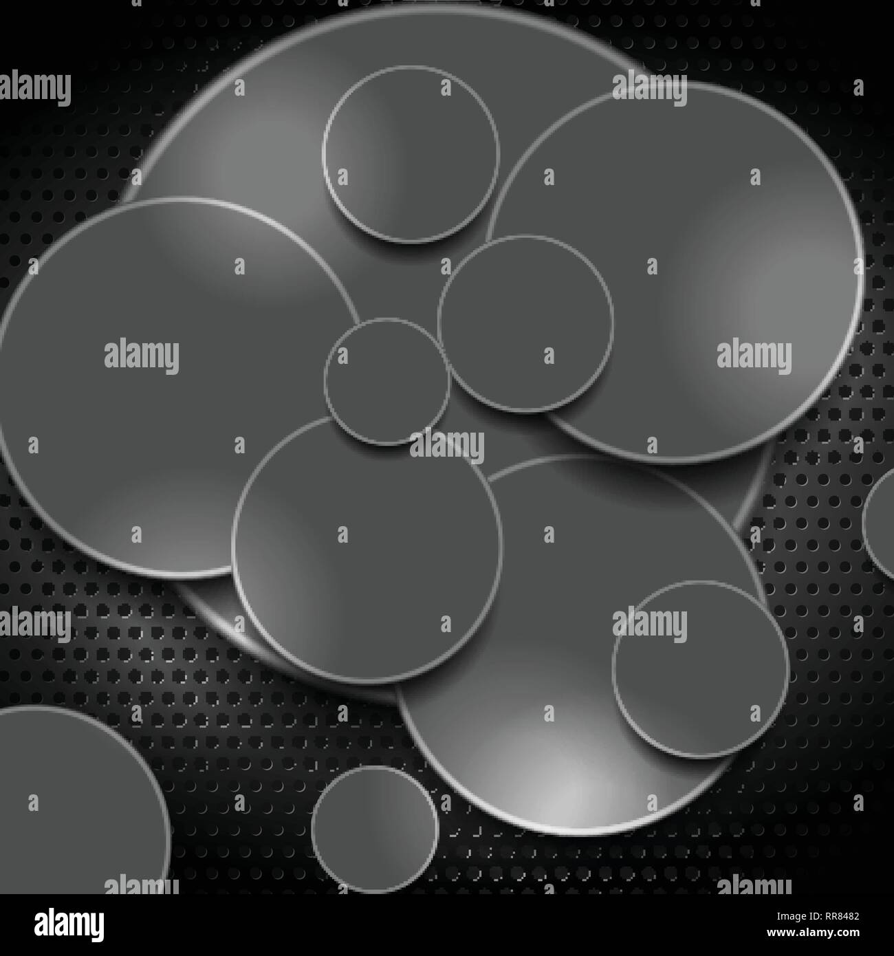 Grey circles on dark perforated background. Vector tech design Stock Vector