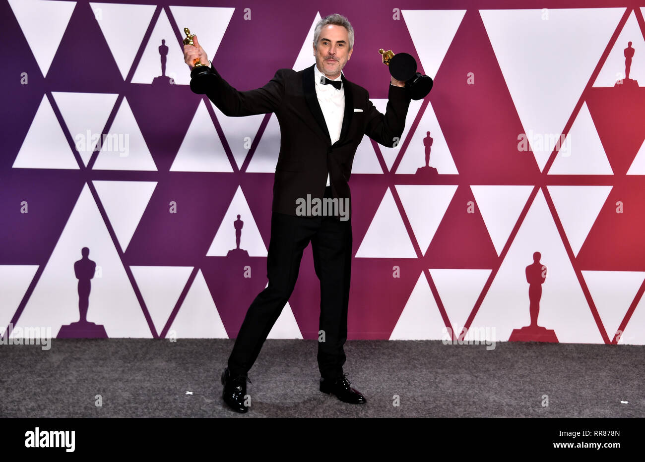 Alfonso Cuaron with his Best Director, Best Foreign Film and Best Cinematography Oscars for Roma in the press room at the 91st Academy Awards held at the Dolby Theatre in Hollywood, Los Angeles, USA. Stock Photo
