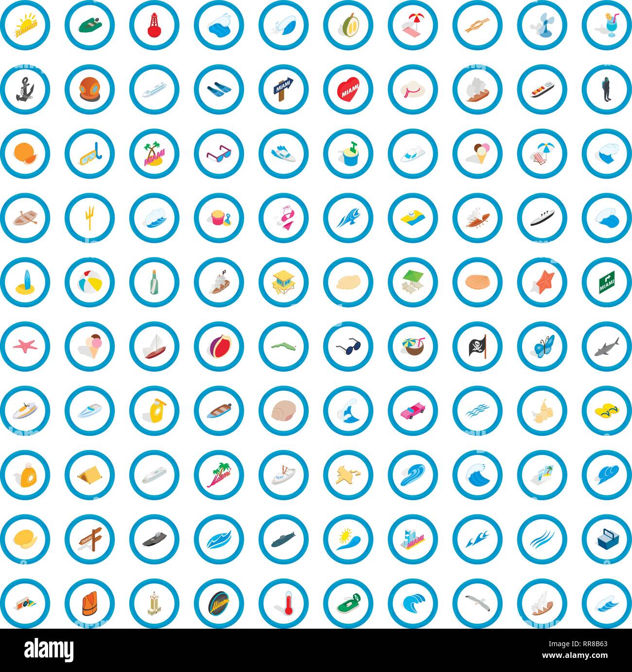 100 coast icons set, isometric 3d style Stock Vector