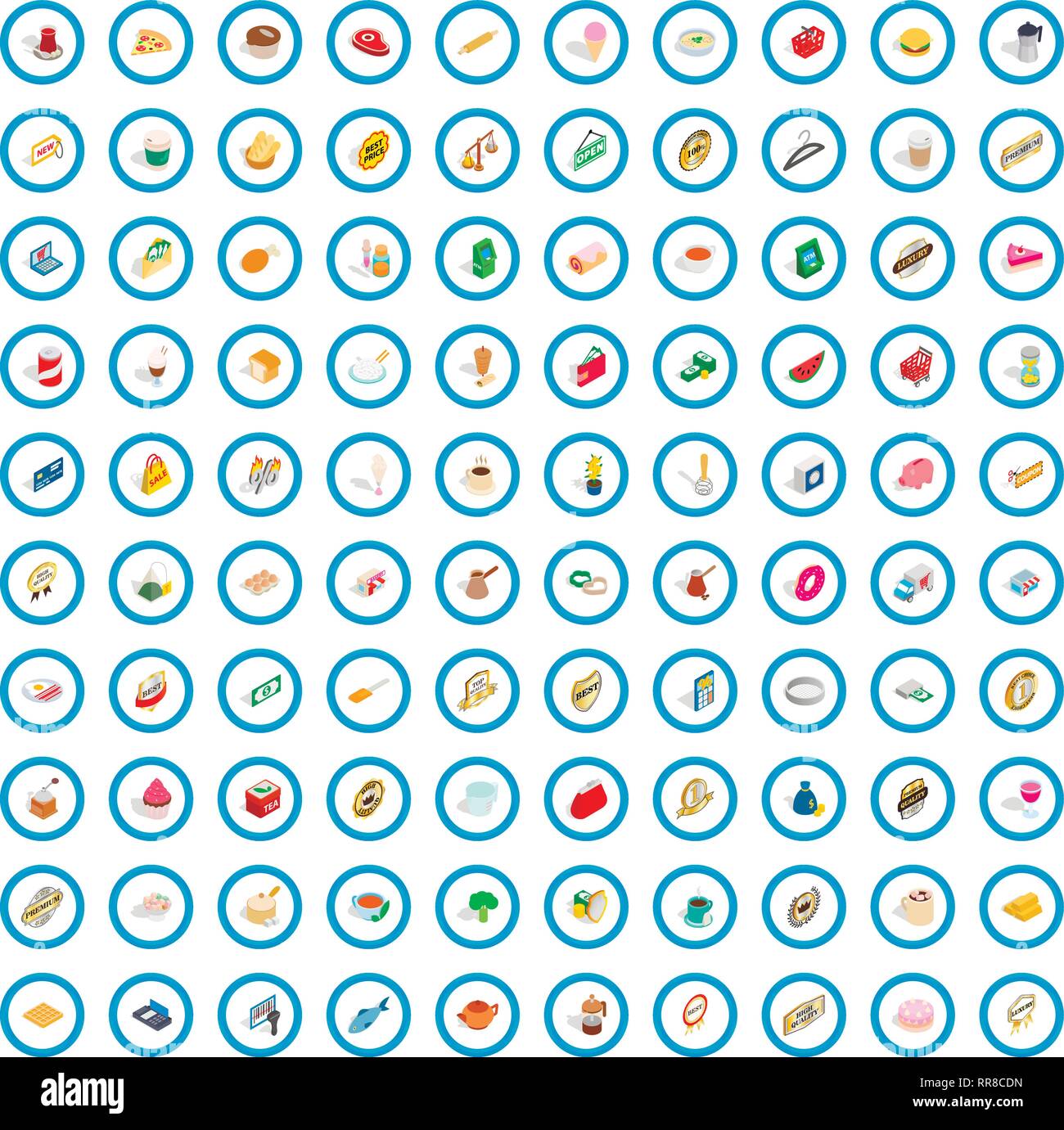 100 coffee icons set, isometric 3d style Stock Vector