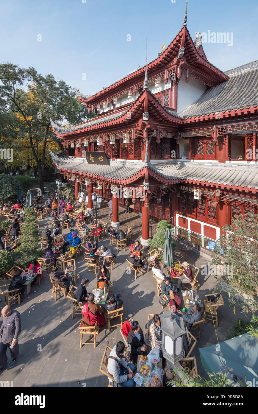 Chengdu, Sichuan province, China - Dec 12, 2015 : Tea room aerial view in Wenshu buddhist monastery on a sunny day Stock Photo