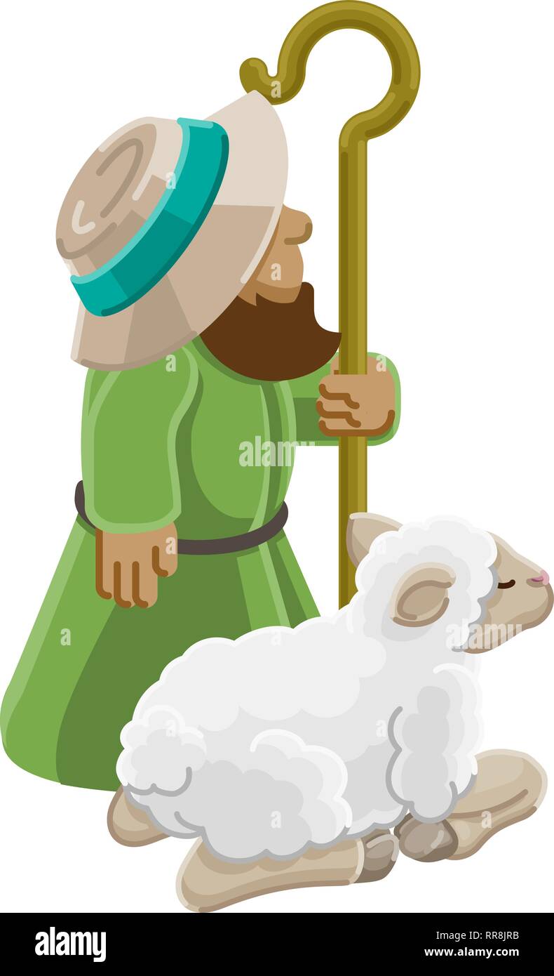 Cartoon Traditional Shepherd and Sheep or Lamb Stock Vector