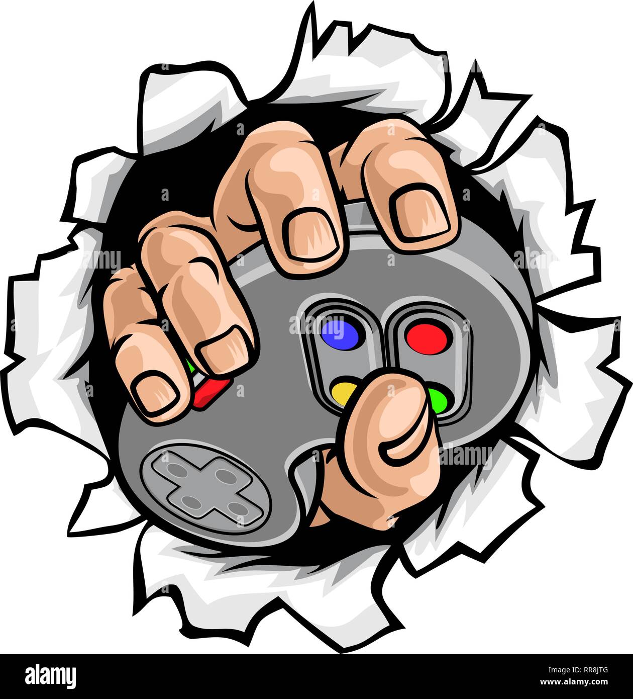 Gamer Hand and Video Game Controller Breaking Wall Stock Vector