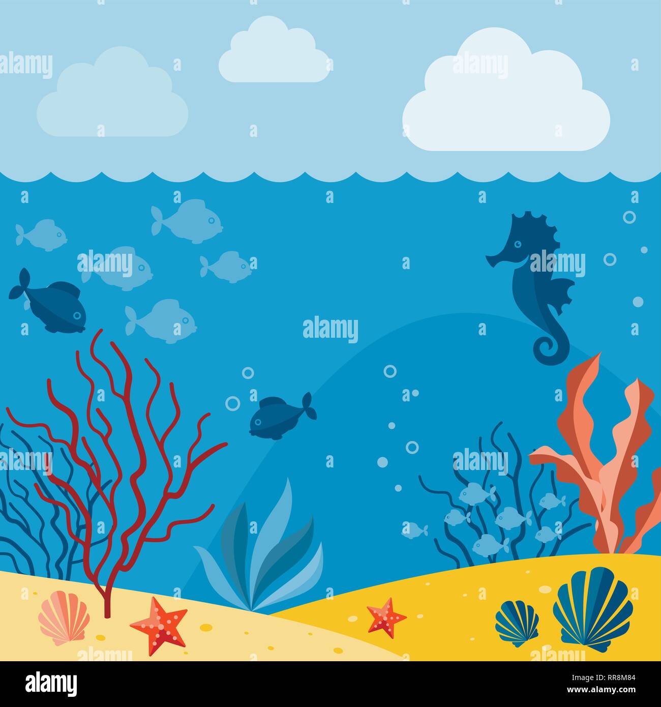 Underwater background. Background with marine animals. Summer background Stock Vector