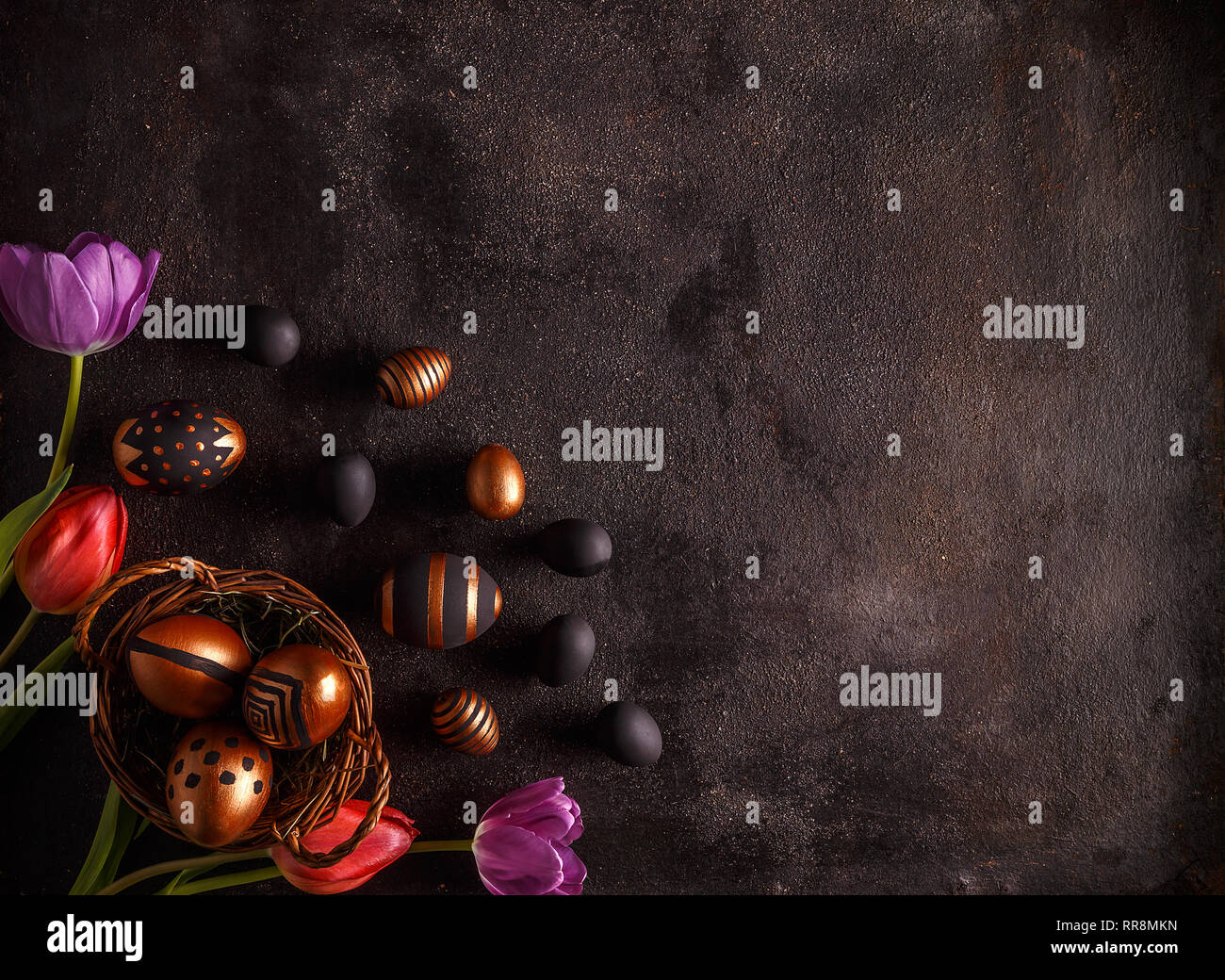 Background with golden decorated Easter eggs, space for your text Stock ...
