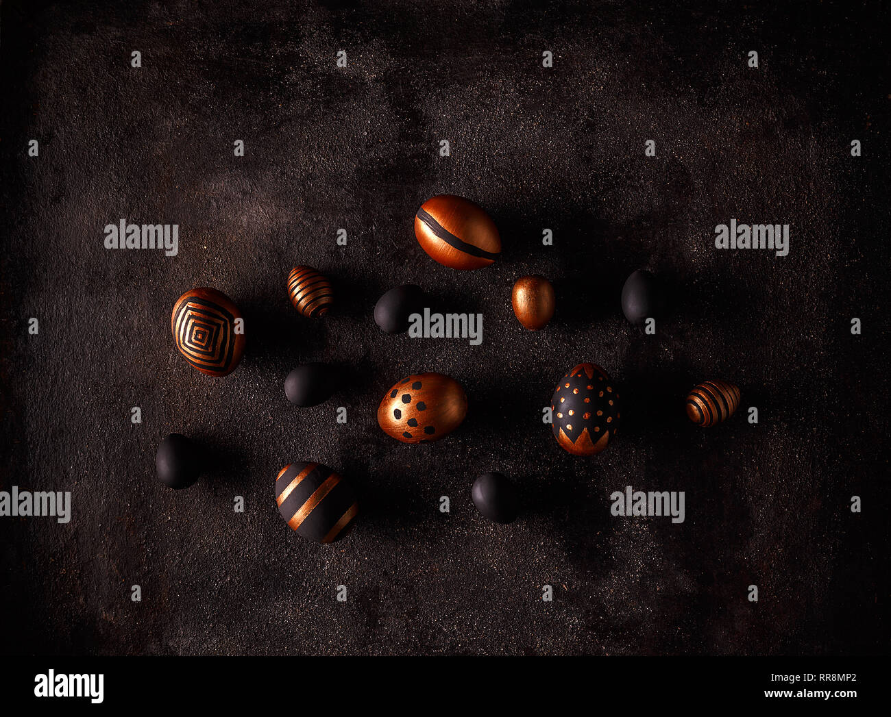 Easter background. Easter eggs in various golden designs Stock Photo