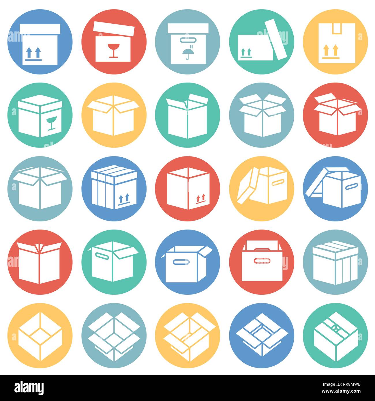 Box icons set on color circles white background for graphic and web ...