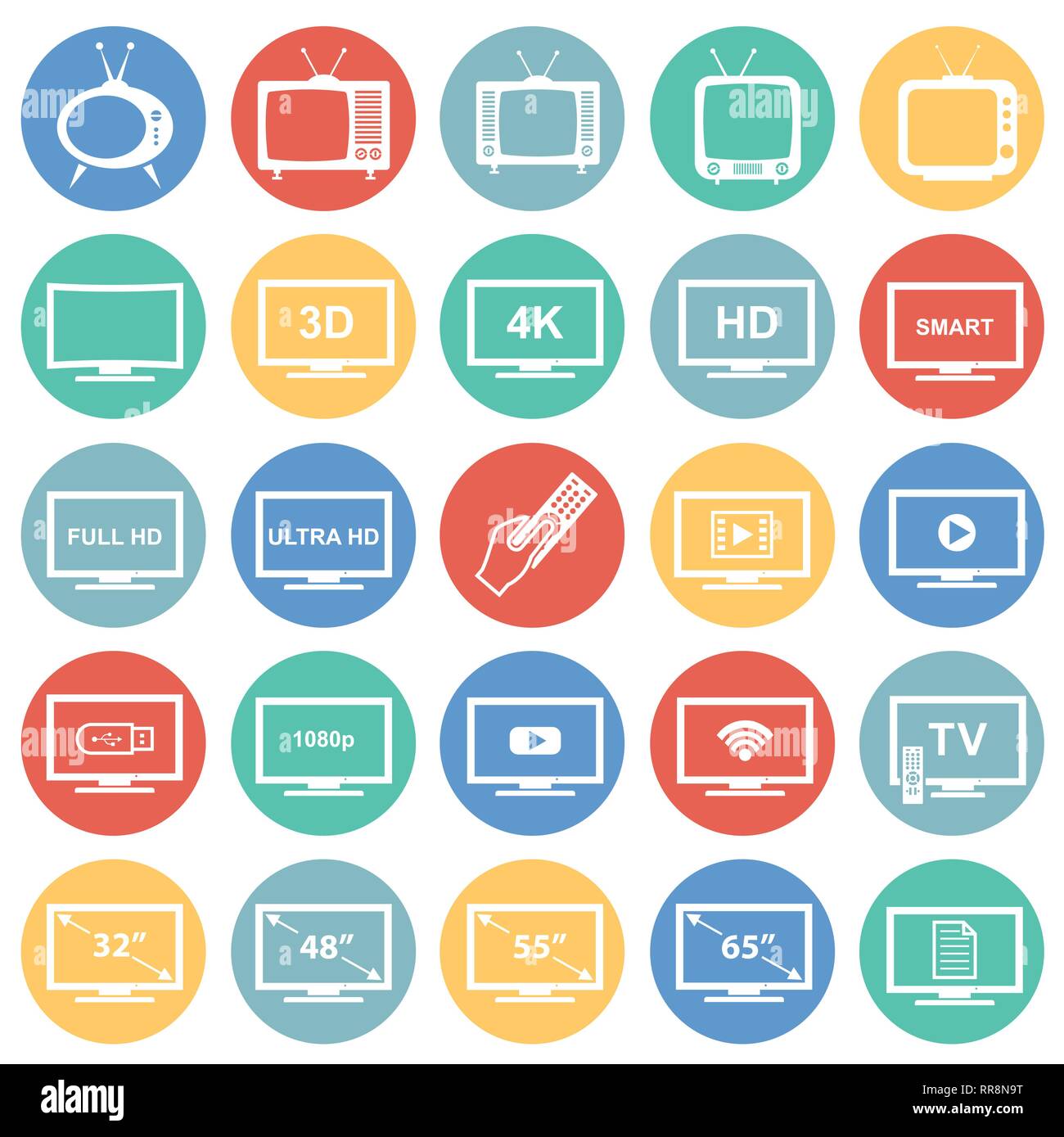 TV icons set on color circles white background for graphic and web ...
