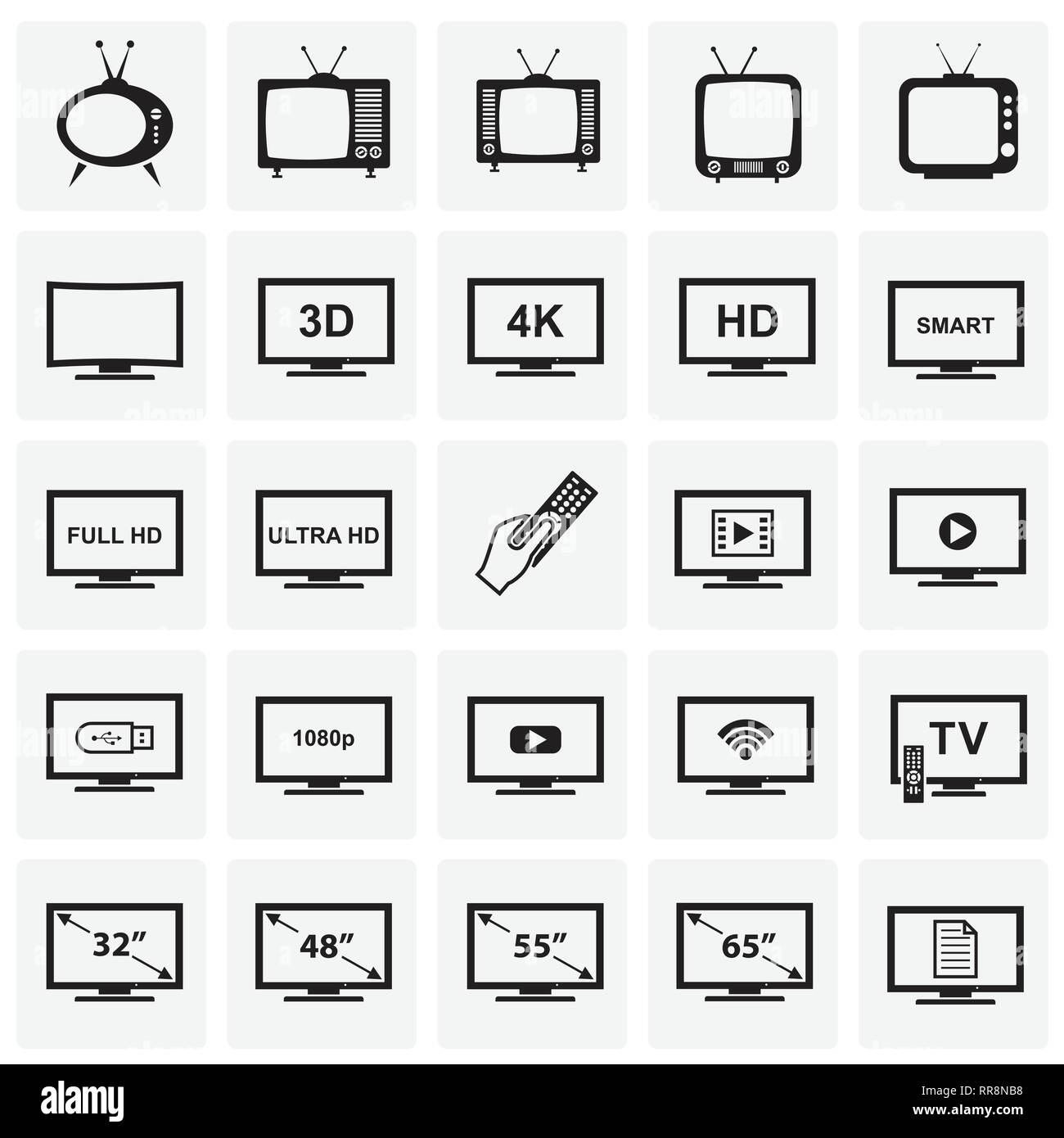 TV icons set on squares background for graphic and web design, Modern ...